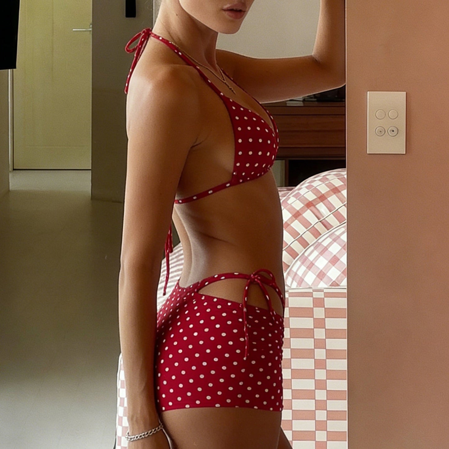 Polka Dots Tie Side Triangle Bikini & Shorts 3 Piece Set