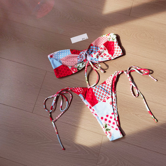 Color-block Print Tie Front High Cut Bikini Swimsuit