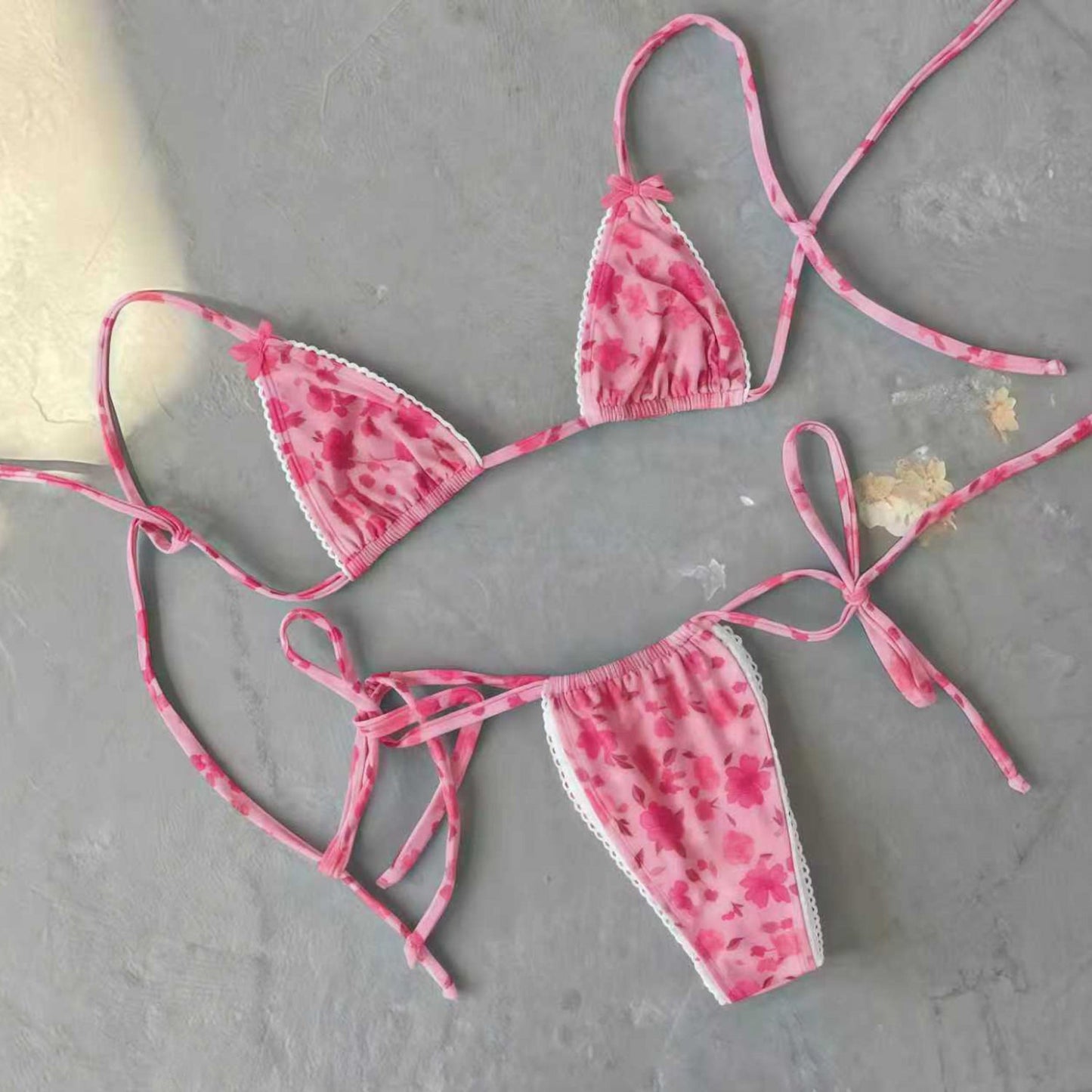 Floral Lace Trimmed Triangle Bikini Swimsuit