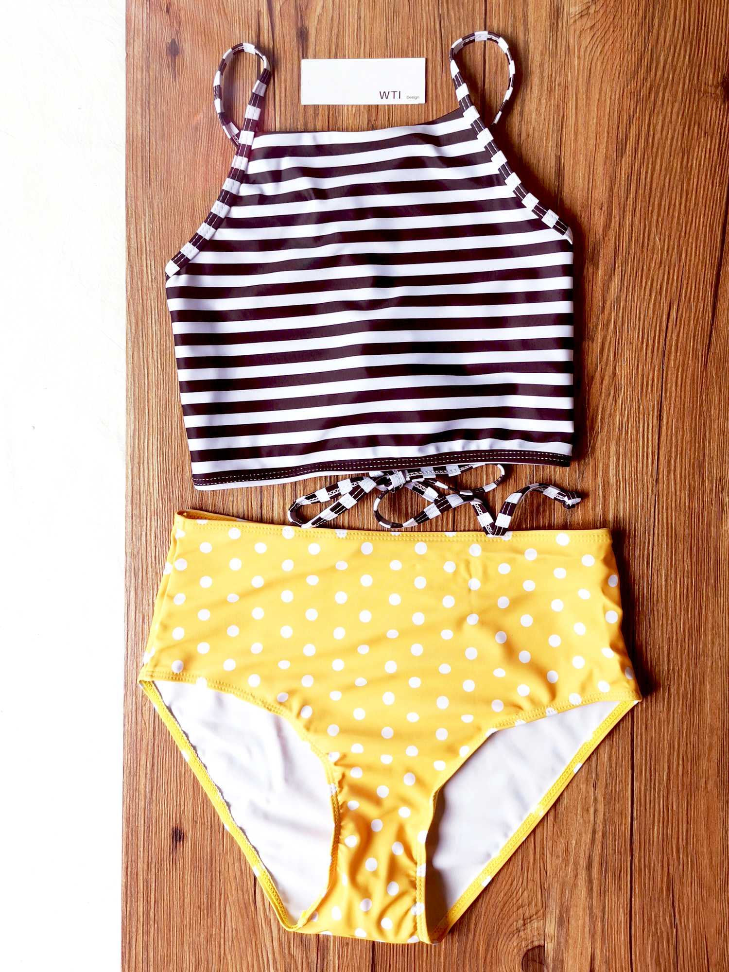 Lace Up Back High Neck Two Piece Swimsuit Crop Tank High Top Bikini Set - worthtryit.com