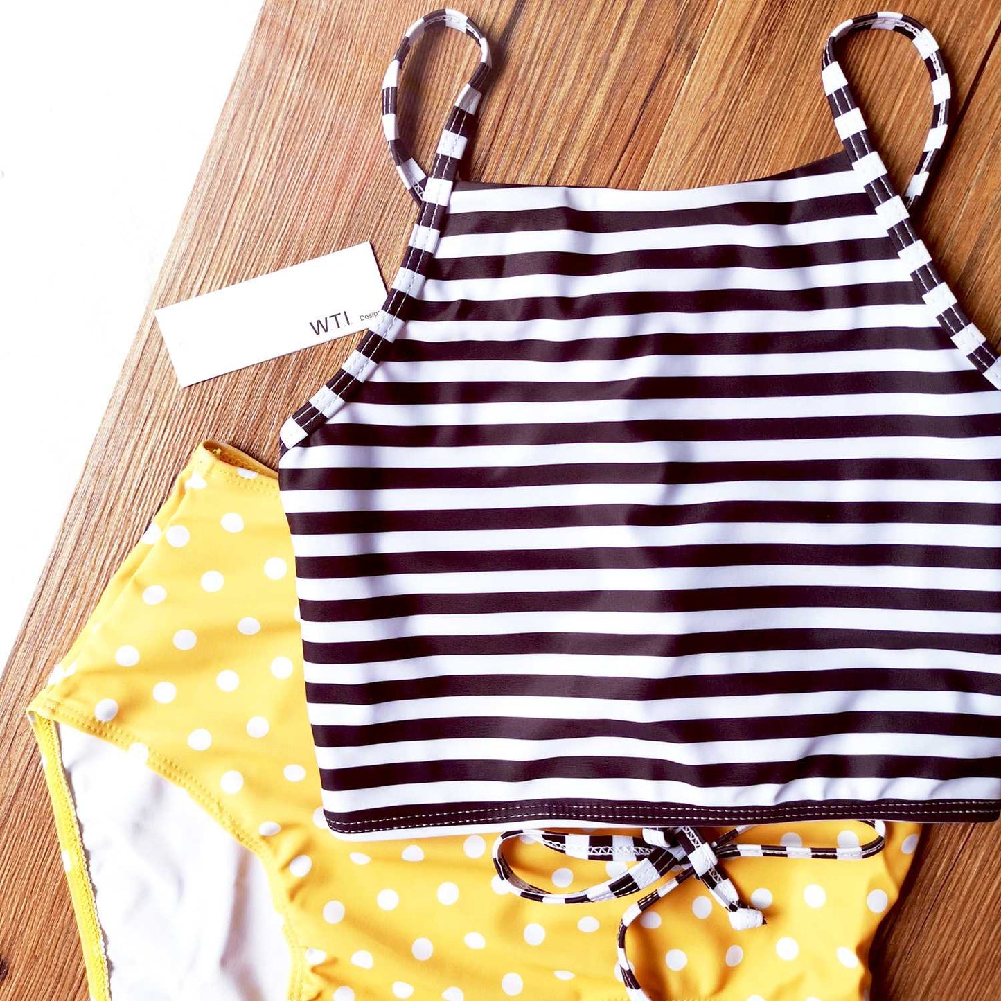 Lace Up Back High Neck Two Piece Swimsuit Crop Tank High Top Bikini Set - worthtryit.com