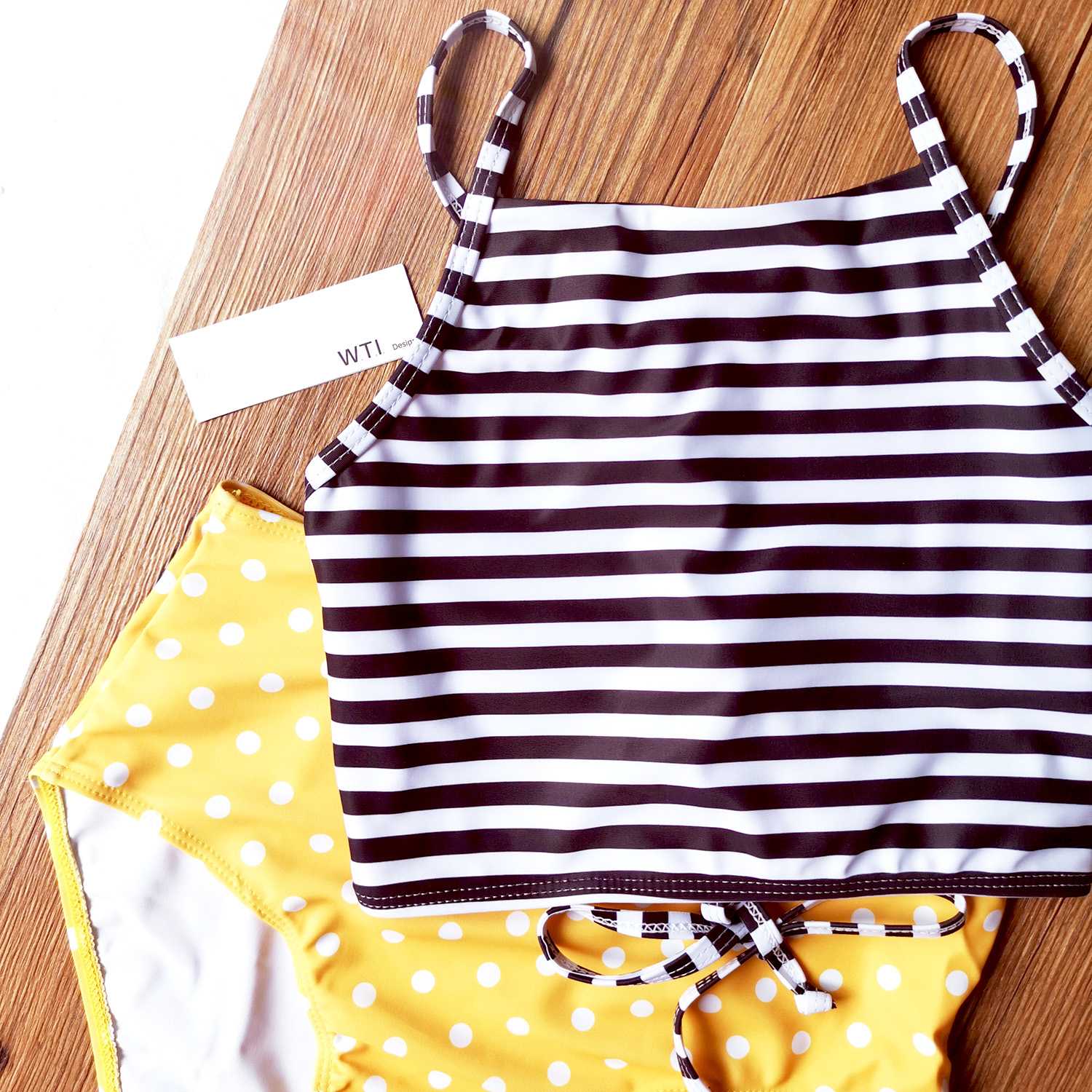 Lace Up Back High Neck Two Piece Swimsuit Crop Tank High Top Bikini Set - worthtryit.com