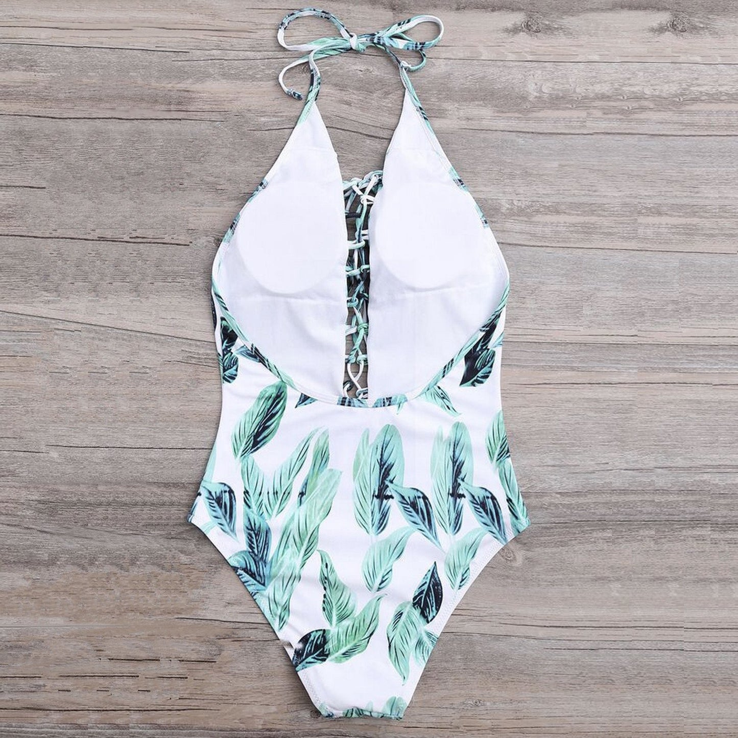 Leaves Print Lace Up One Piece Bikini Set - worthtryit.com