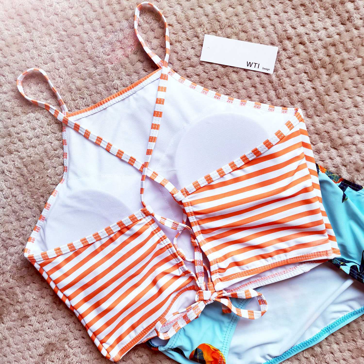 Lace Up Back High Neck Two Piece Swimsuit Crop Tank High Top Bikini Set - worthtryit.com