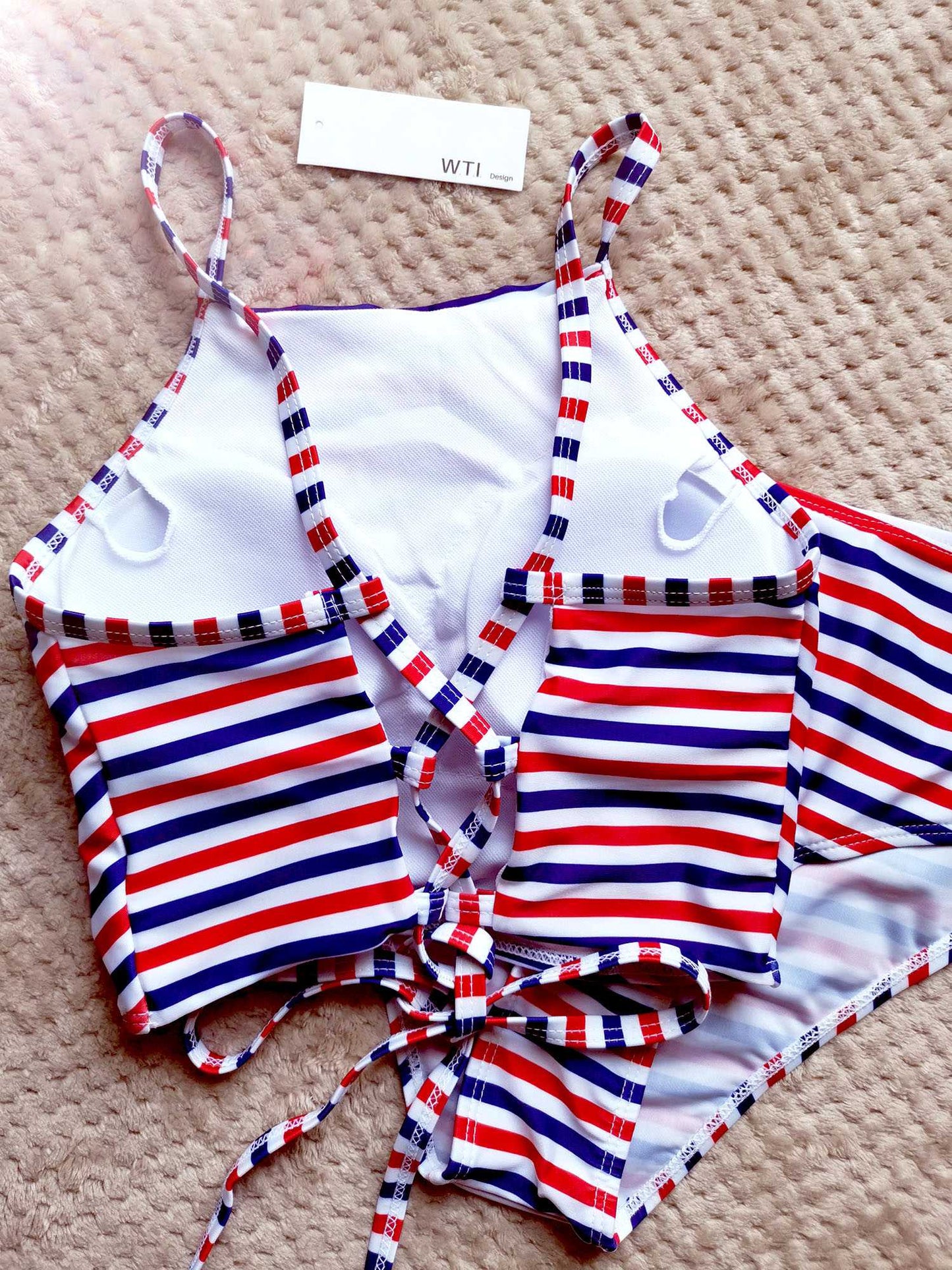 Lace Up Back High Neck Two Piece Swimsuit Crop Tank High Top Bikini Set - worthtryit.com