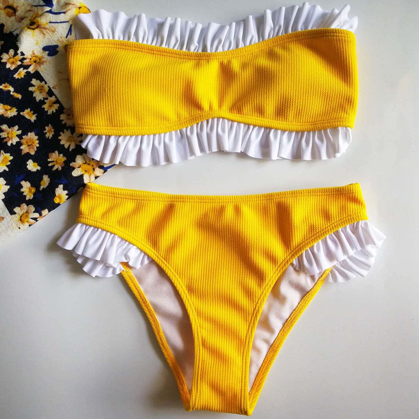 Ribbed Ruffle Trim Strapless Bandeaux Bikini Set - worthtryit.com