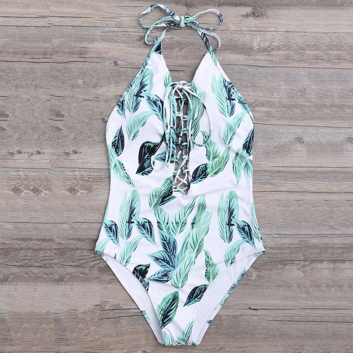 Leaves Print Lace Up One Piece Bikini Set - worthtryit.com