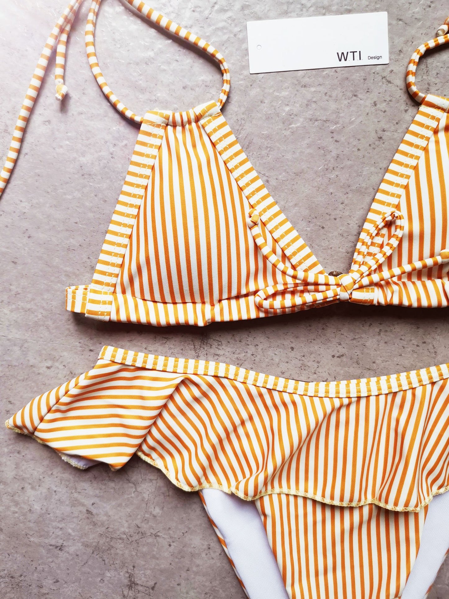 Yellow Stripes Ruffle Waisted Triangle Bikini Swimsuit - worthtryit.com