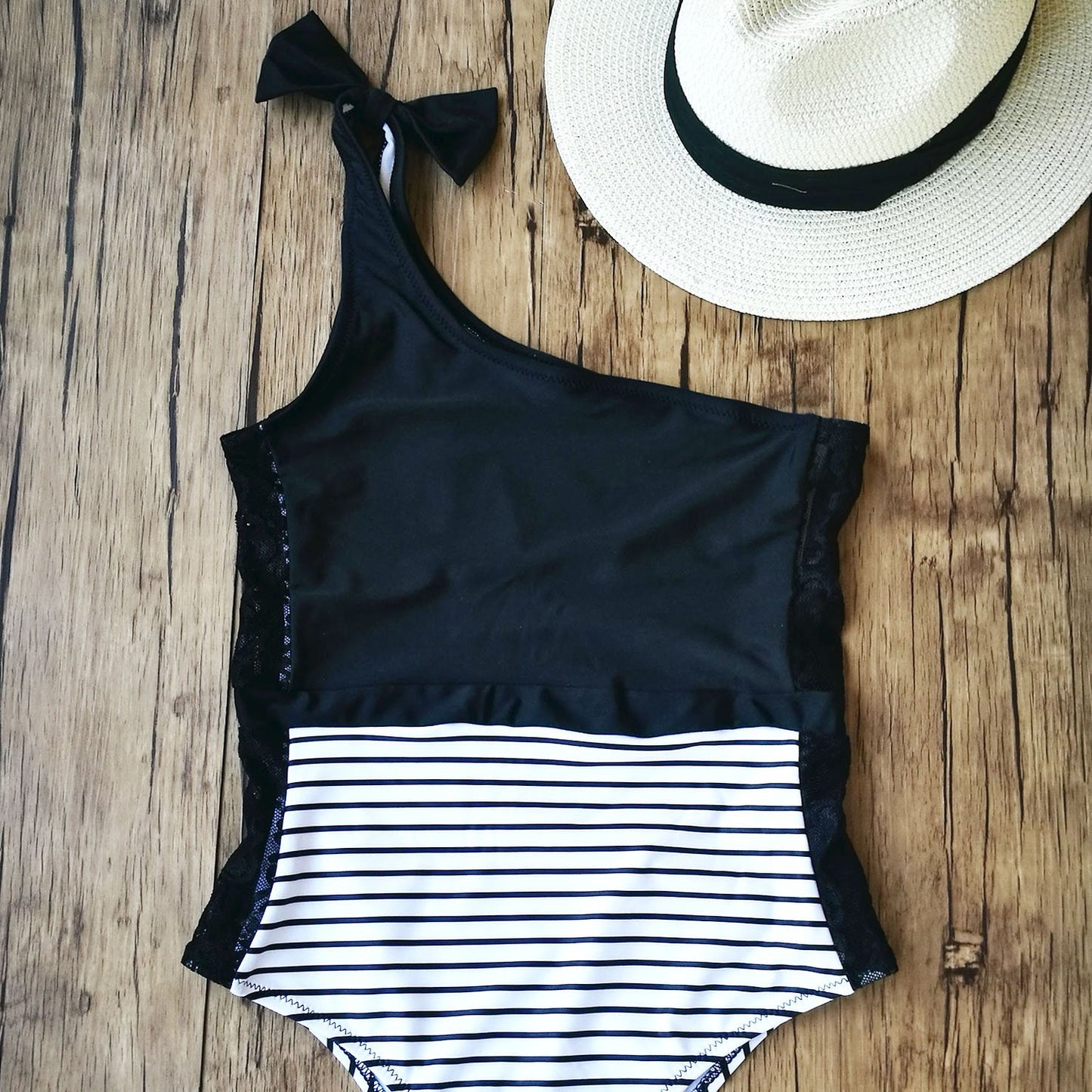 One Shoulder Lace Block One Piece Swimsuit- Black & White - worthtryit.com