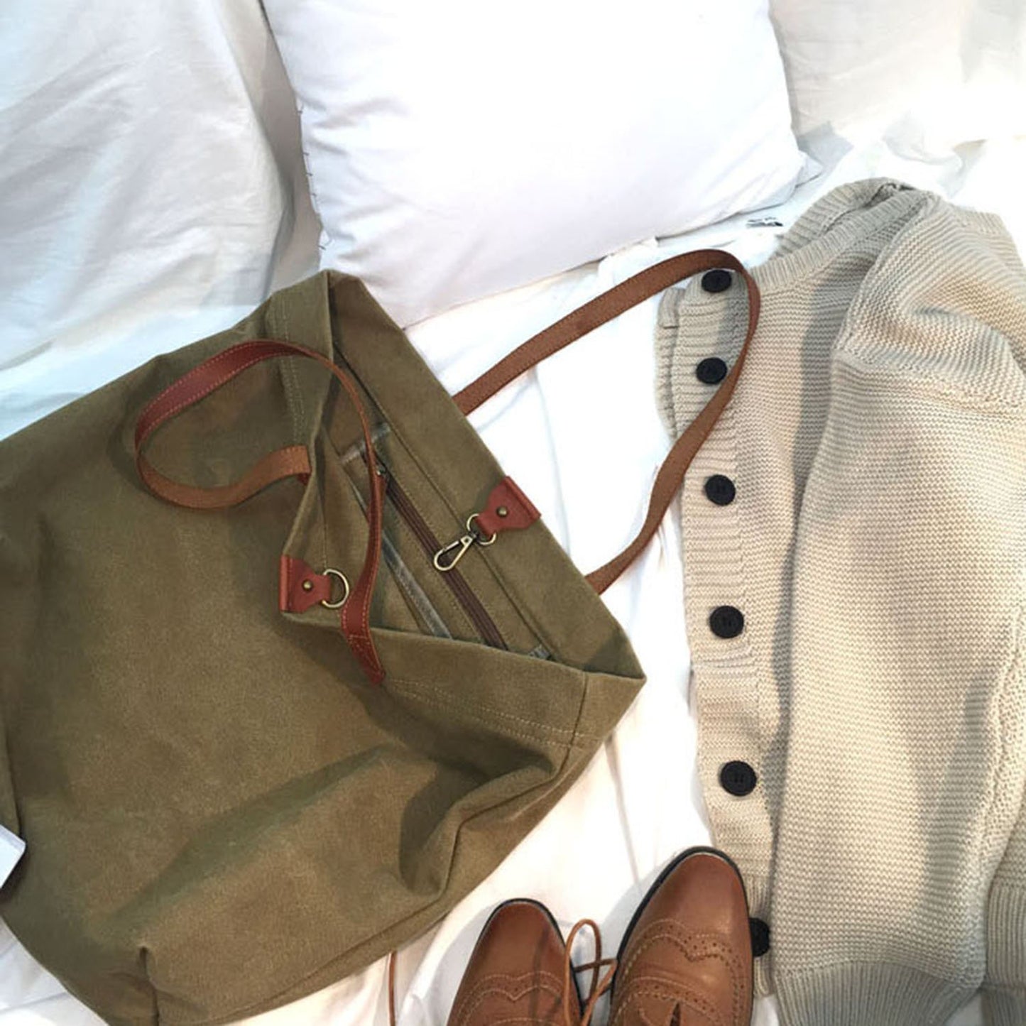 Canvas Bag with Leather Handles Transport Oversized Tote Bags - worthtryit.com