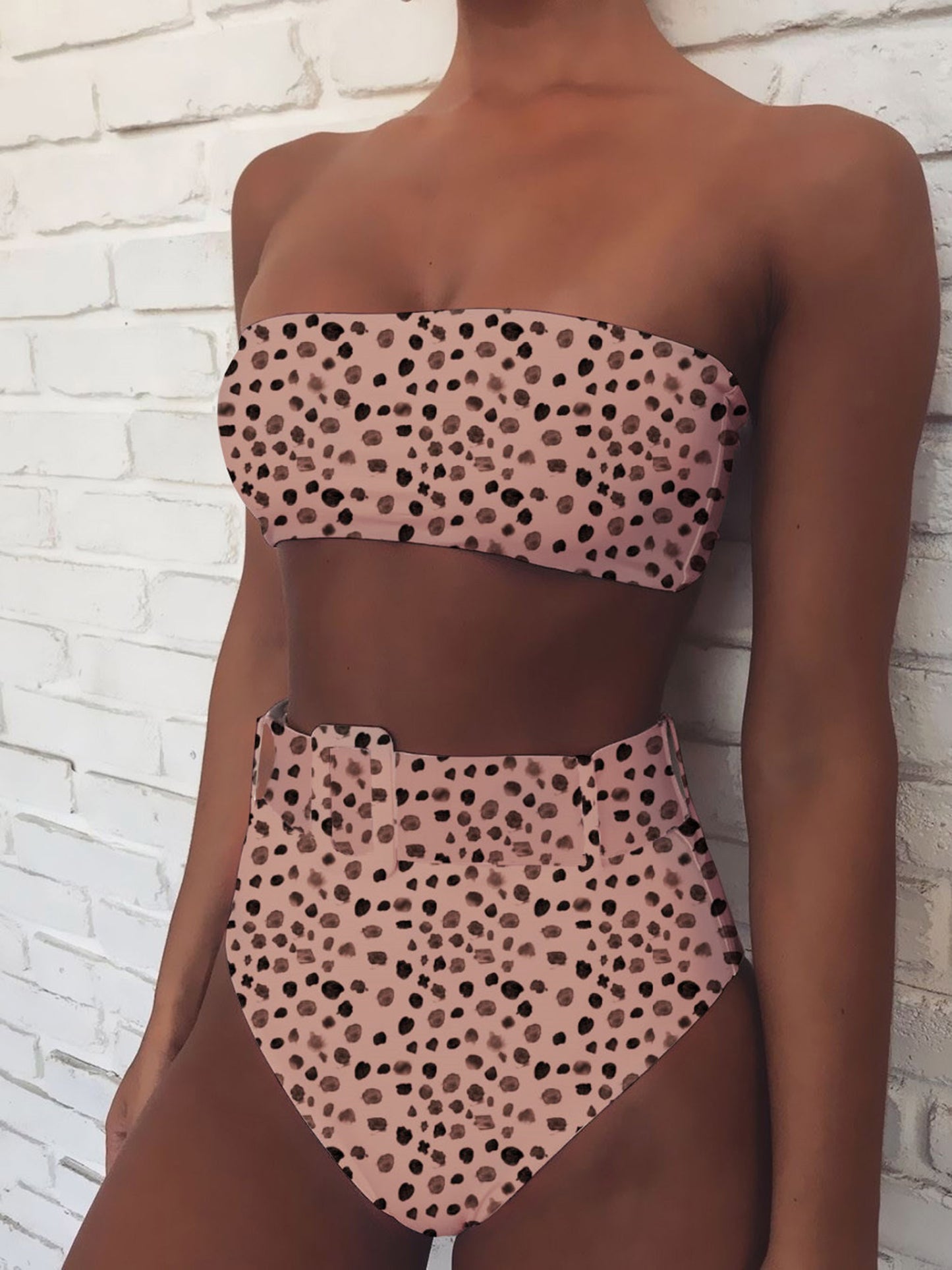 Cute Print High Waist Bandeaux Swimsuit With Belt