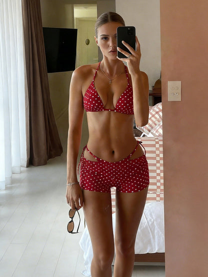 Polka Dots Tie Side Triangle Bikini & Shorts 3 Piece Set