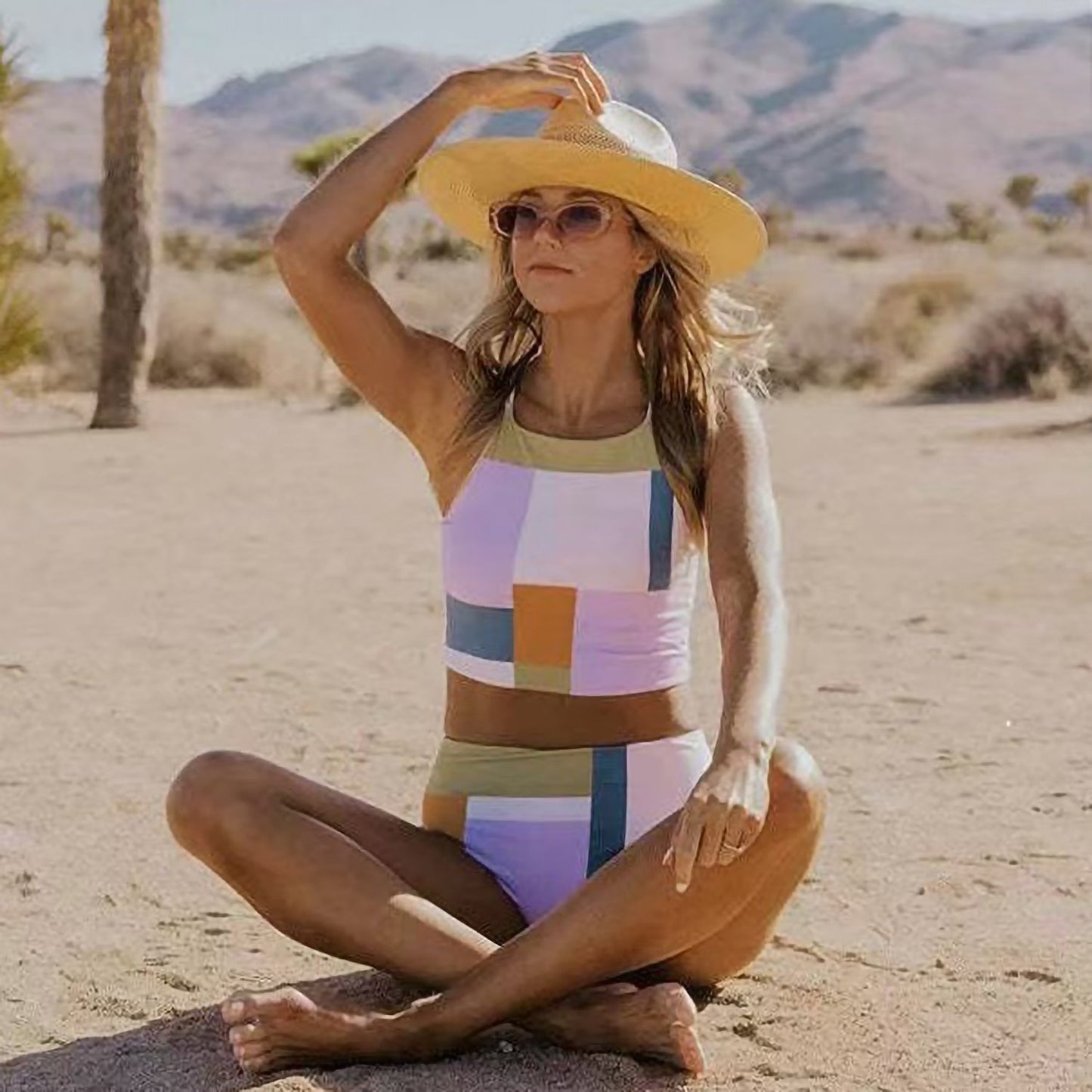 Color Block Halter Cami Top Bikini Swimsuit