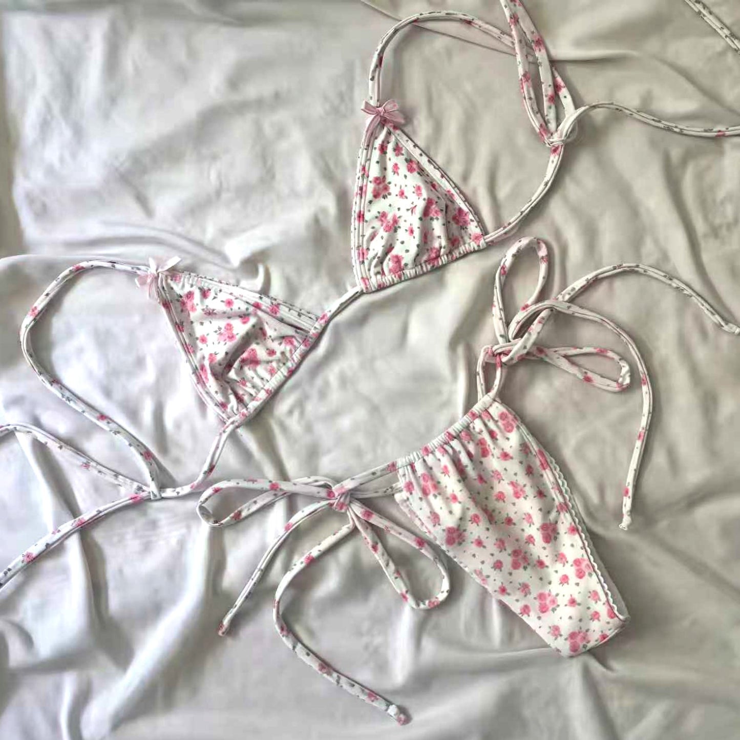 Floral Lace Trimmed Triangle Bikini Swimsuit