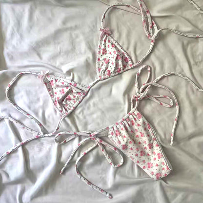 Floral Lace Trimmed Triangle Bikini Swimsuit