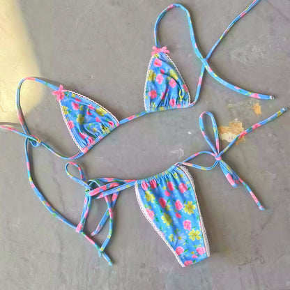 Floral Lace Trimmed Triangle Bikini Swimsuit