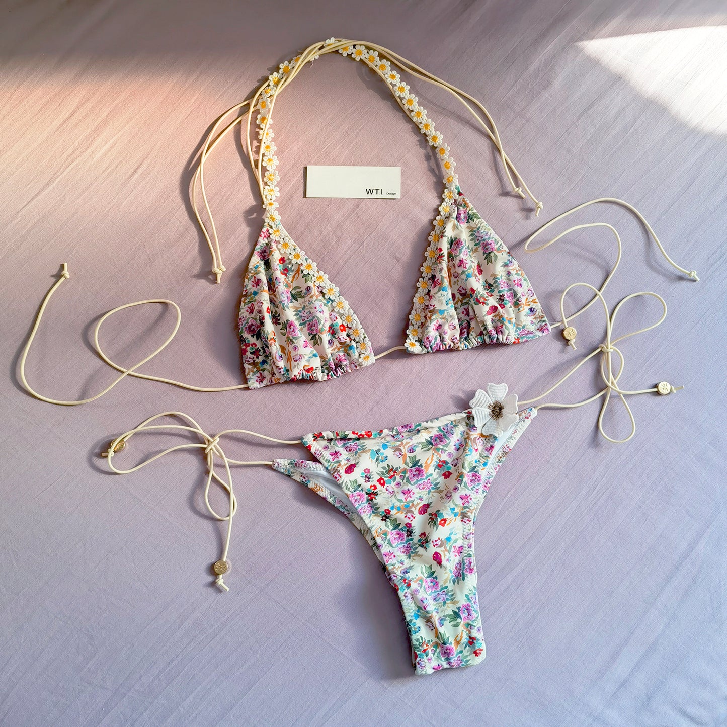 Floral Trimmed Triangle Bikini Swimsuit
