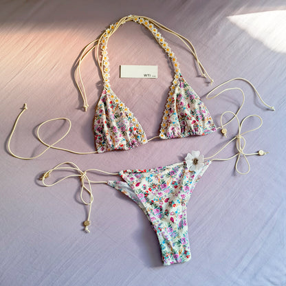 Floral Trimmed Triangle Bikini Swimsuit