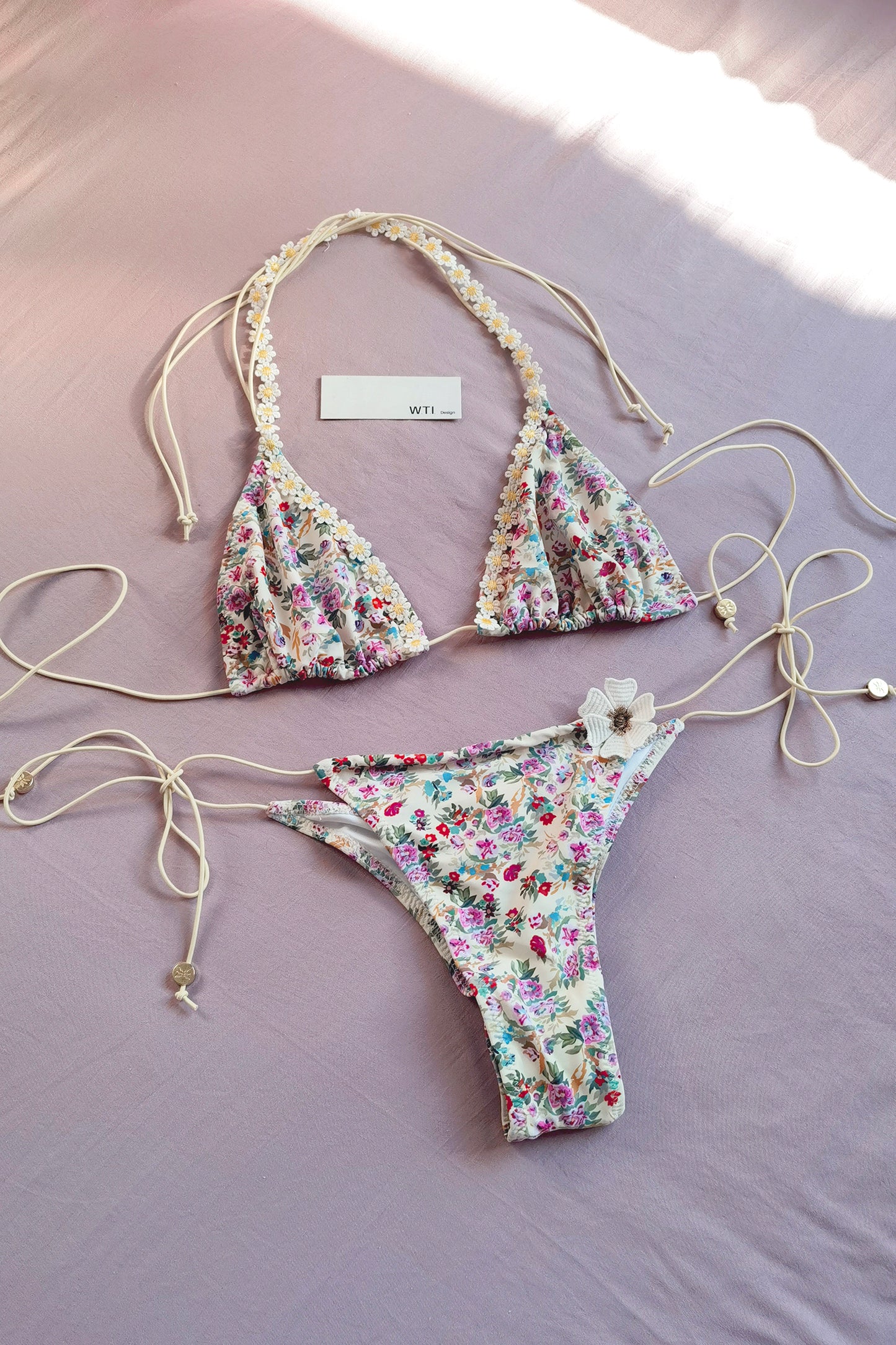 Floral Trimmed Triangle Bikini Swimsuit