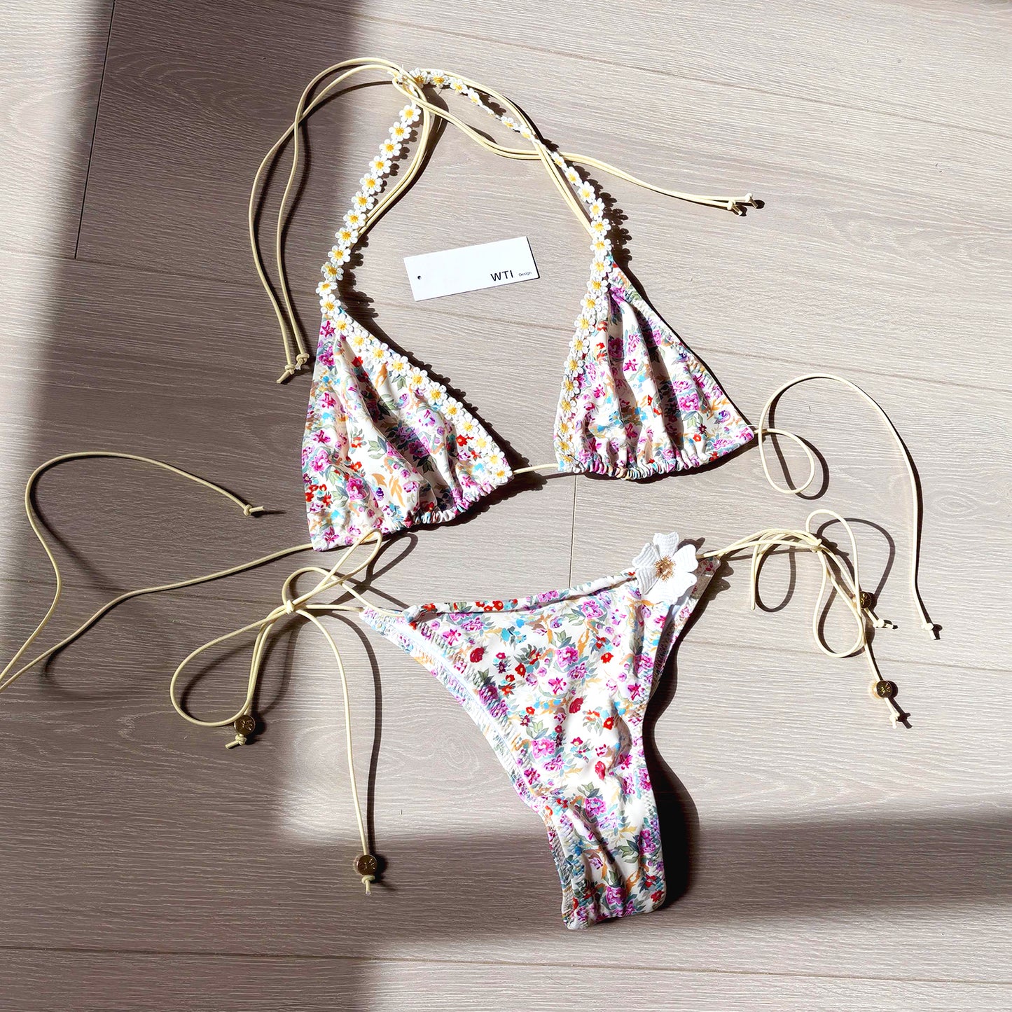 Floral Trimmed Triangle Bikini Swimsuit