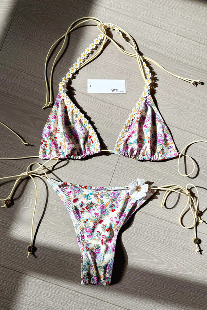 Floral Trimmed Triangle Bikini Swimsuit