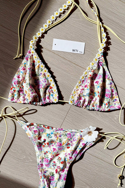 Floral Trimmed Triangle Bikini Swimsuit