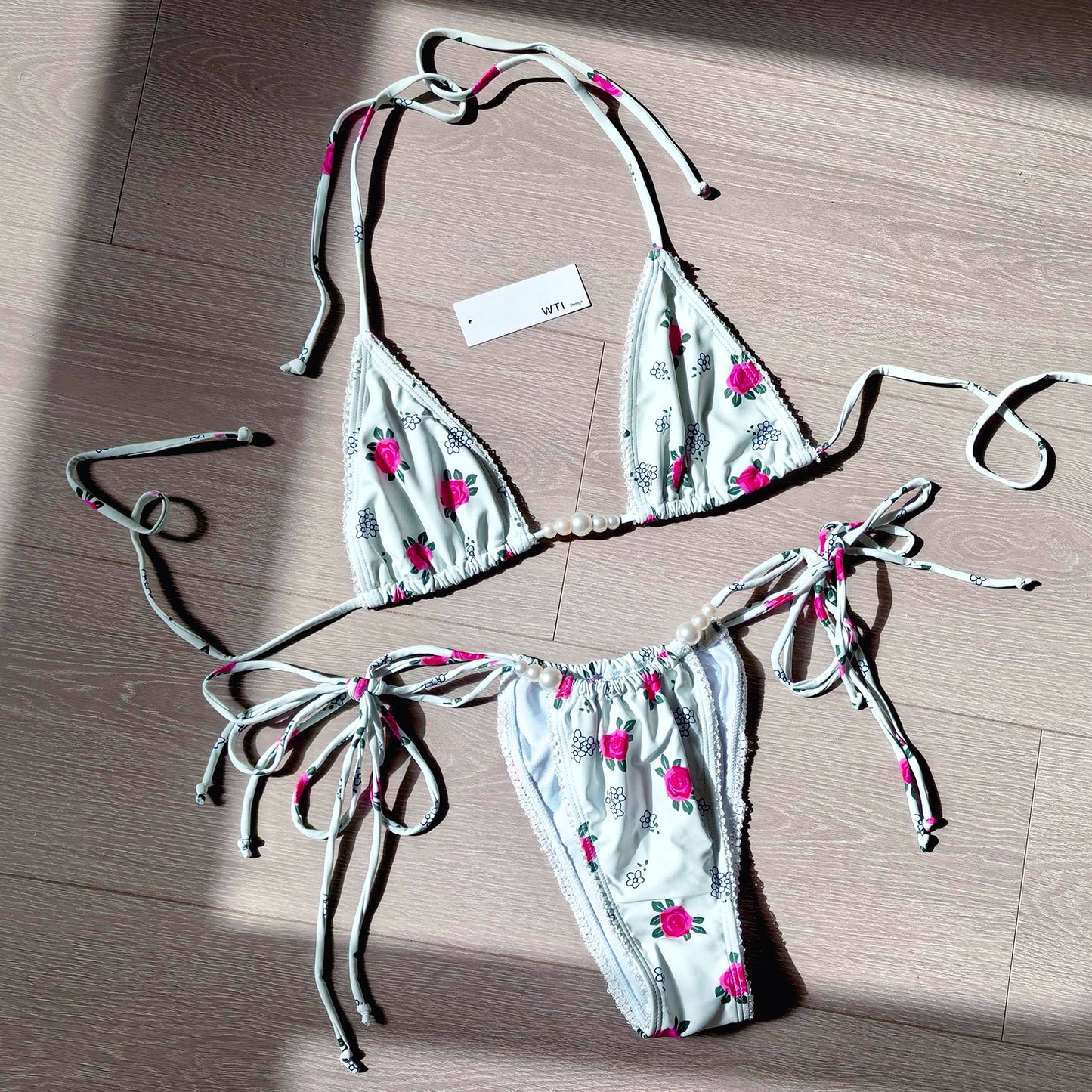 Floral Lace Trimmed Triangle Bikini Swimsuit