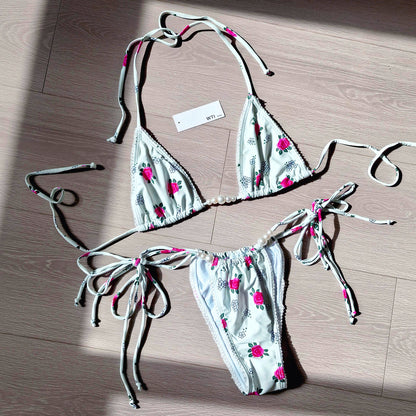 Floral Lace Trimmed Triangle Bikini Swimsuit