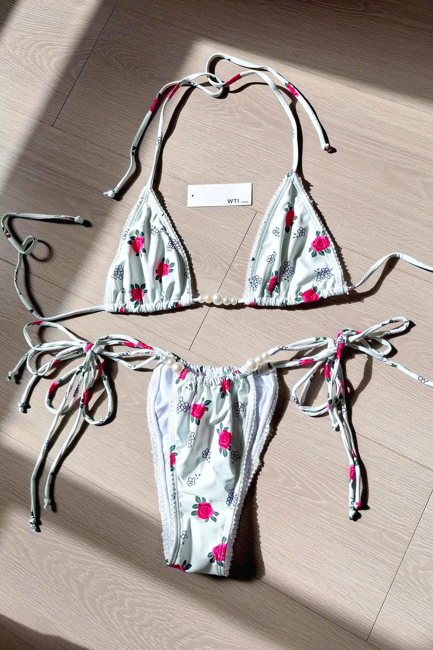 Floral Lace Trimmed Triangle Bikini Swimsuit