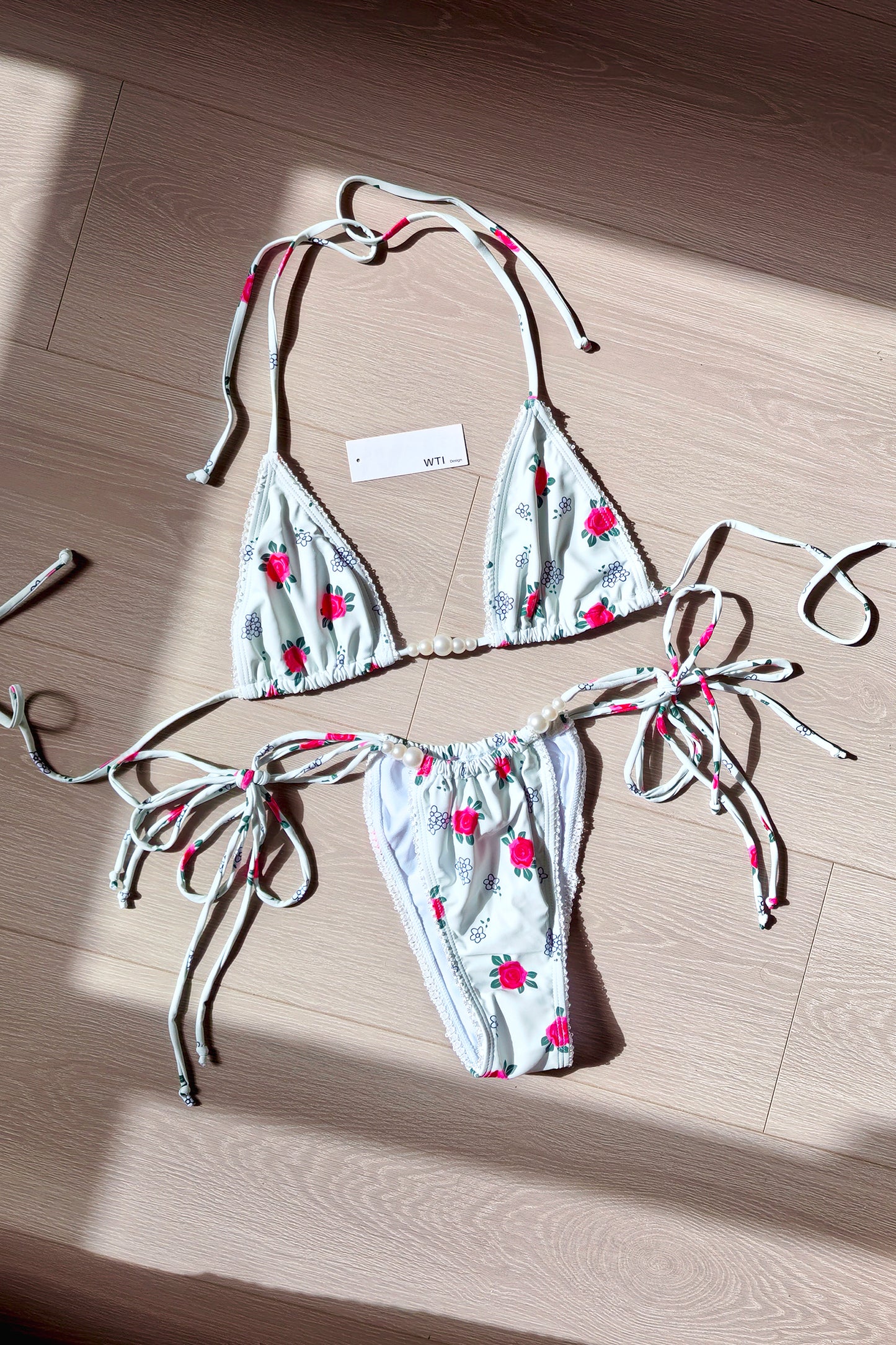 Floral Lace Trimmed Triangle Bikini Swimsuit