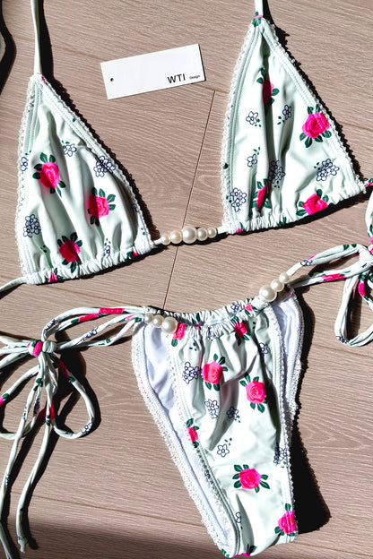 Floral Lace Trimmed Triangle Bikini Swimsuit