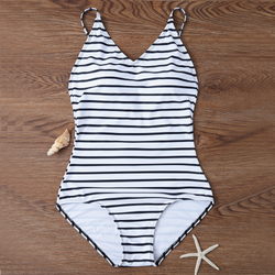 White Striped Modest One Piece Swimsuit Backless - worthtryit.com