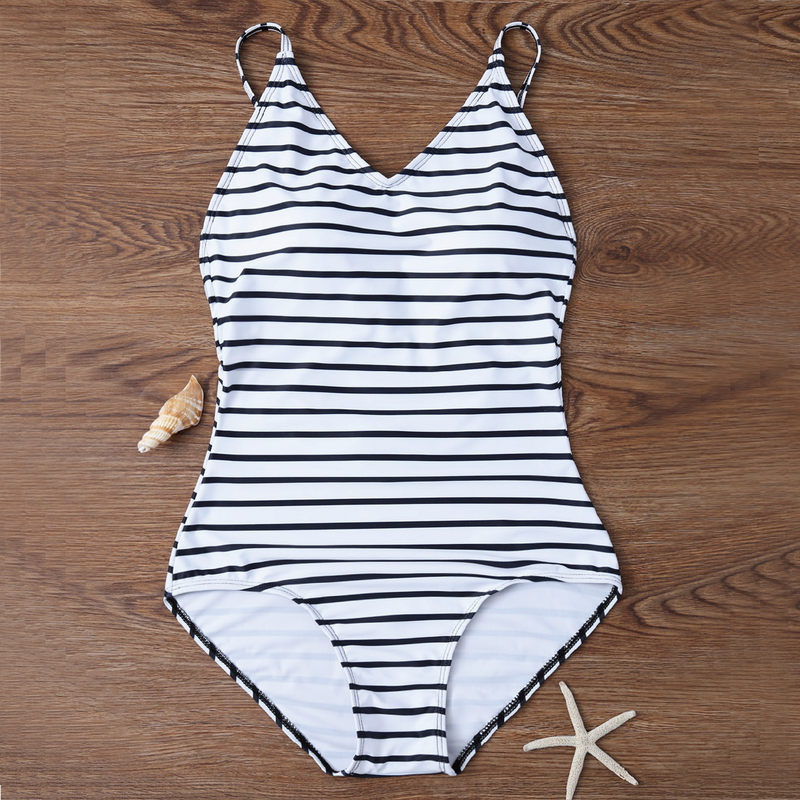 White Striped Modest One Piece Swimsuit Backless - worthtryit.com