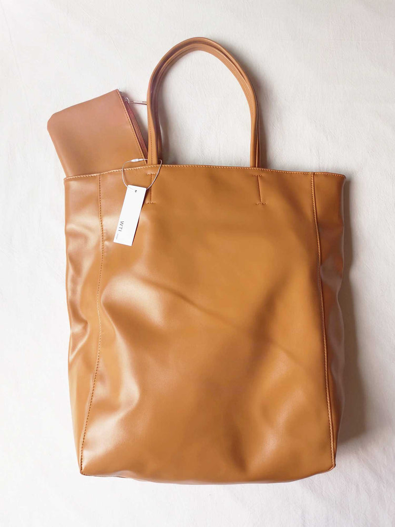Eco Vegan Leather Lambskin Work Tote bag Large 16.7" With Little Purse Inside