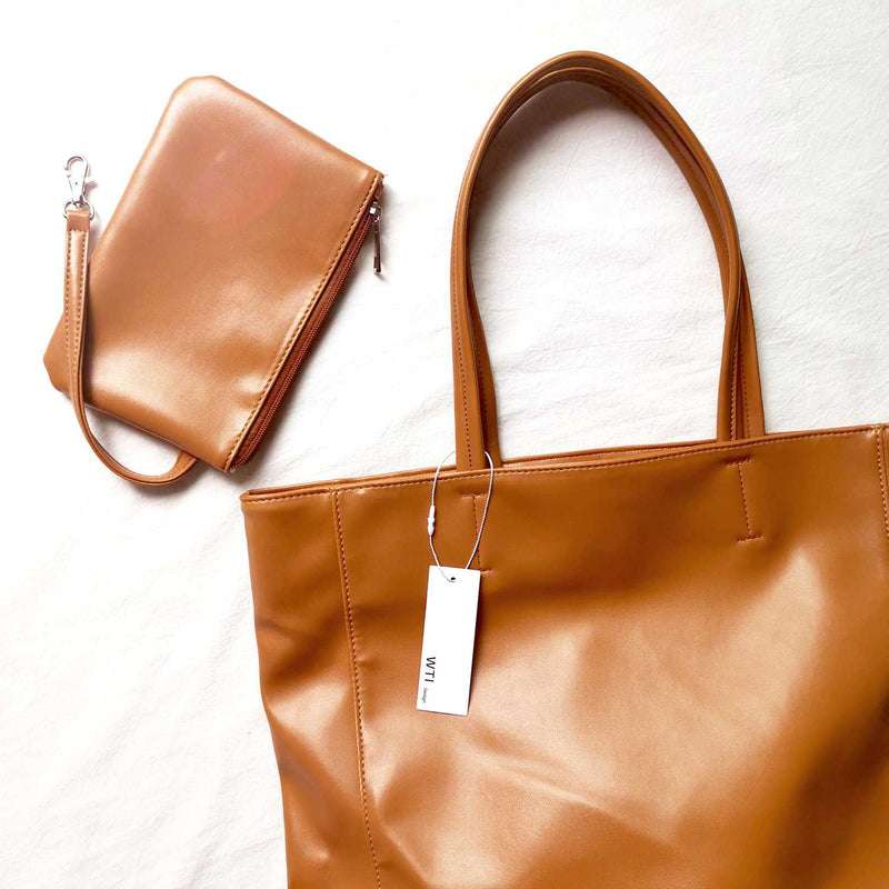 Eco Vegan Leather Lambskin Work Tote bag Large 16.7" With Little Purse Inside