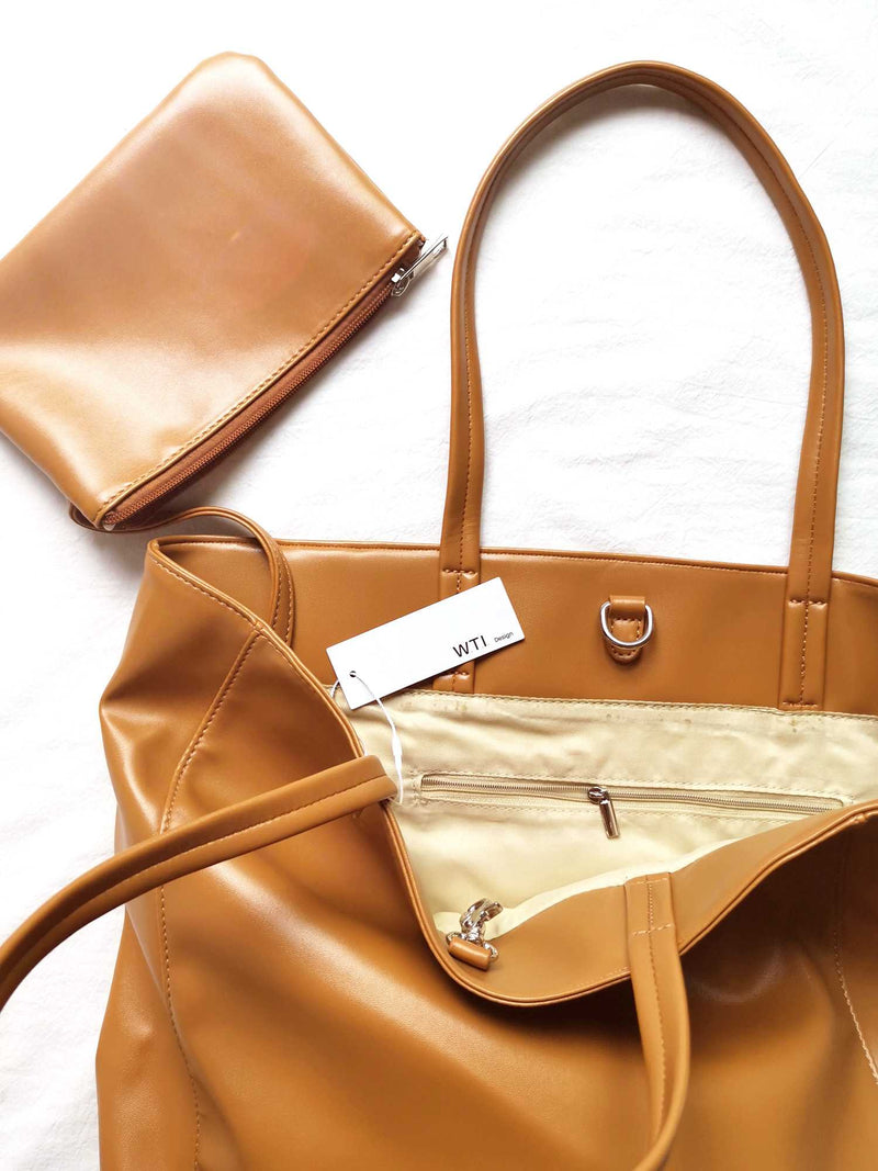 Eco Vegan Leather Lambskin Work Tote bag Large 16.7" With Little Purse Inside