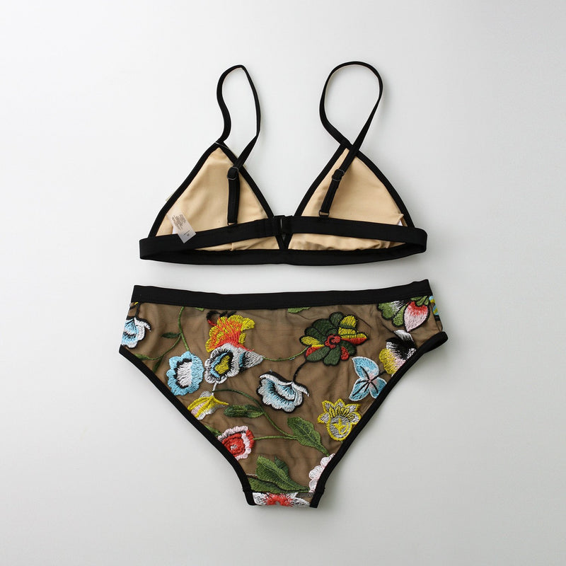 Sexy Embroidery Swimwear Mesh Bikini Set-Black - worthtryit.com