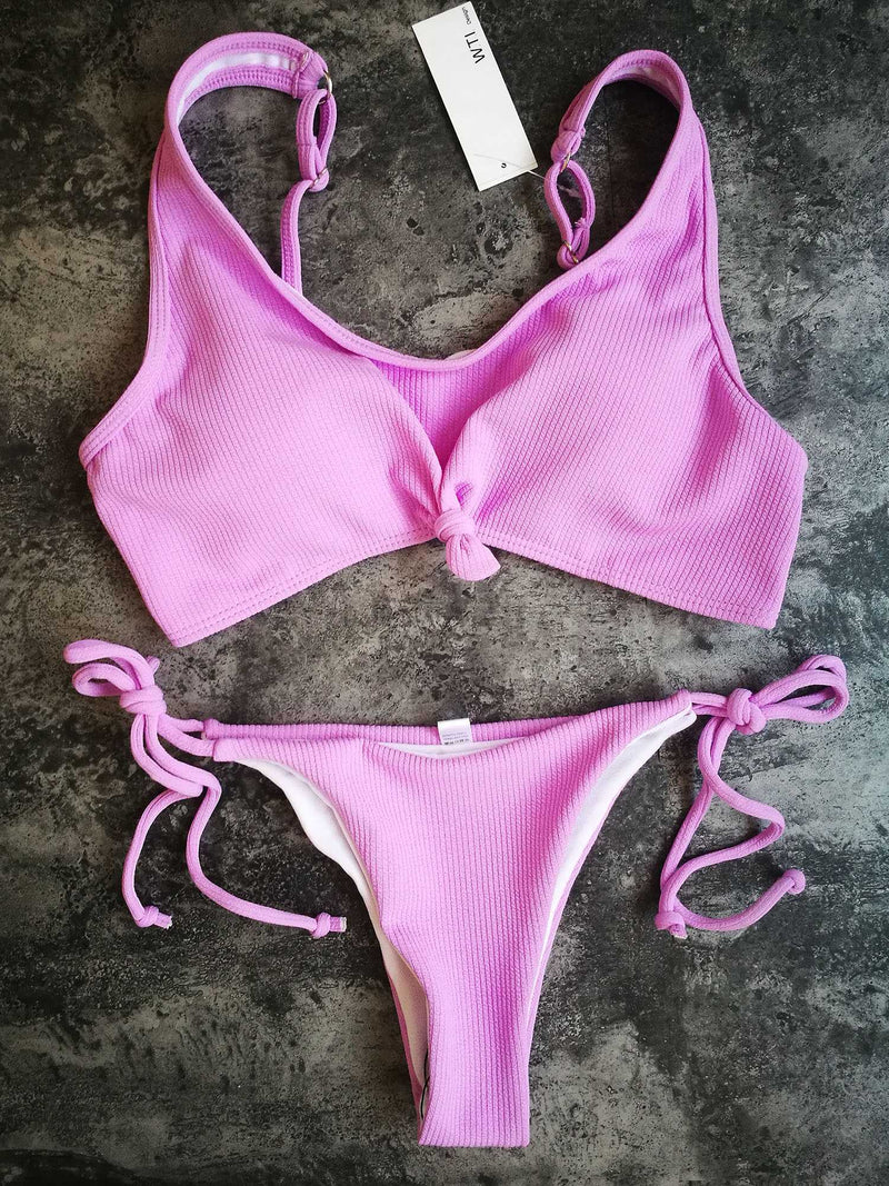 Sporty Ribbed Tie Knot Front High Cut Bikini Set - worthtryit.com