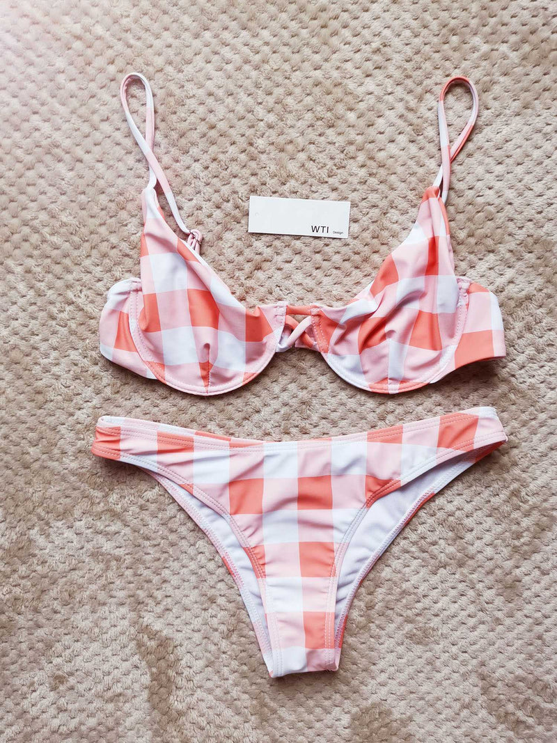 Checked Underwire Bikini Swimsuit-Peach - worthtryit.com