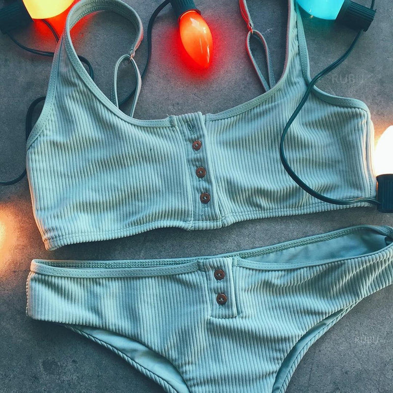 Cute Sporty Swimwear Sporty Bikini Button Swimsuit Push Up Ribbed W.T.I. Design