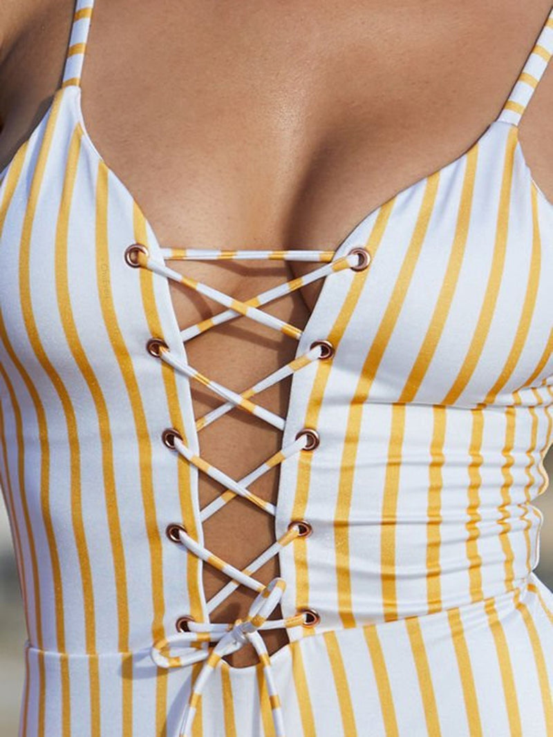 Yellow Stripes Lace Up Front One Piece Criss Cross Bikini Swimsuit - worthtryit.com
