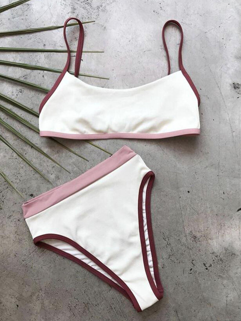 Color Blocked Strappy Crop Top High Waisted Bikini Set - worthtryit.com