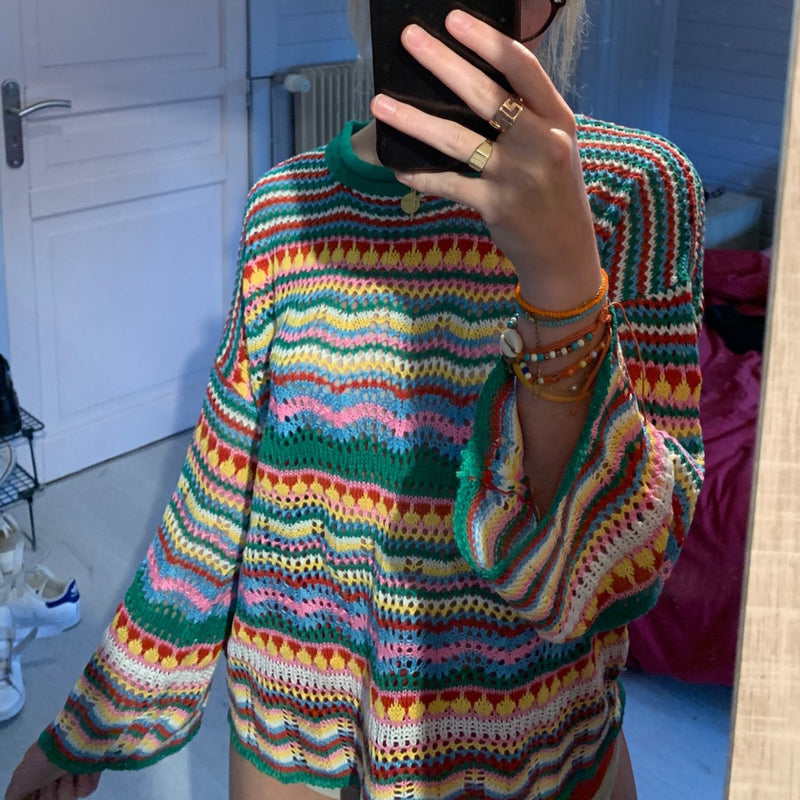 Rainbow Knit Flare Sleeves Pullover