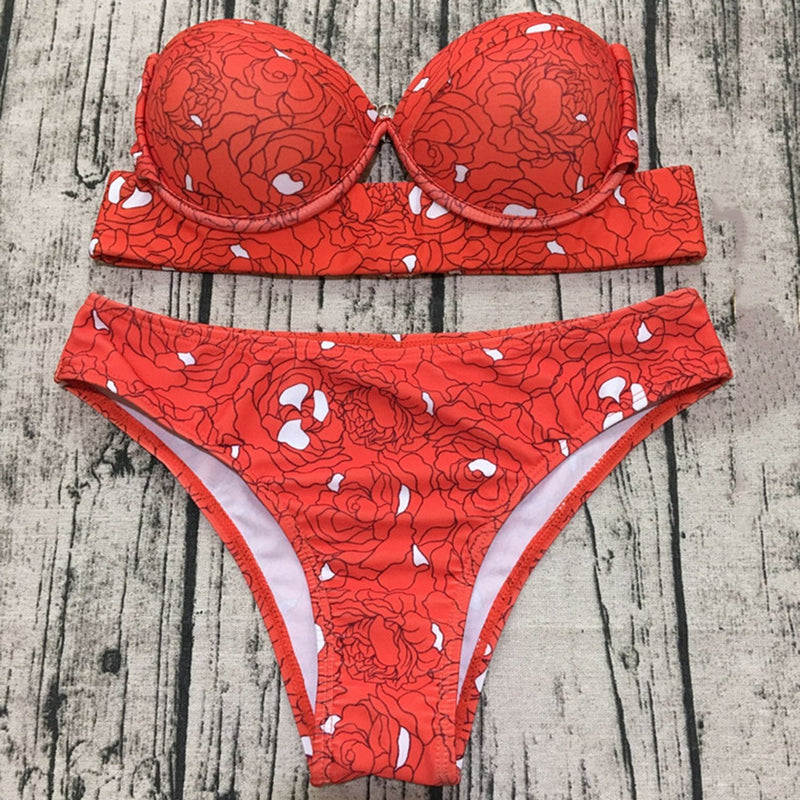 Floral Print Underwear Bikini Set-Red - worthtryit.com