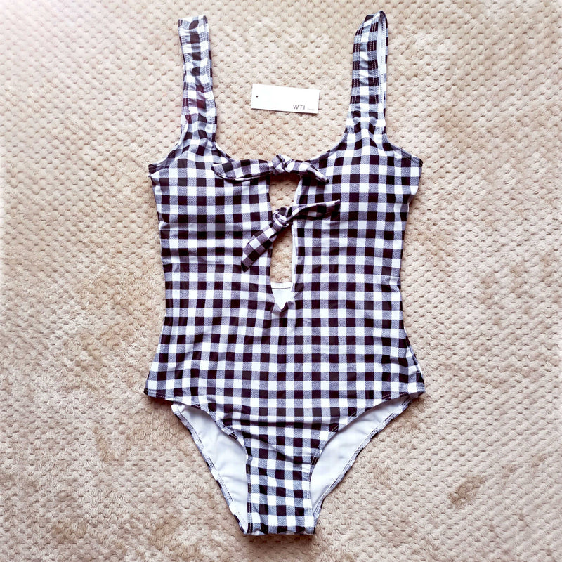 Gingham Multi Front Tie Bow Backless One Piece Swimsuit - worthtryit.com
