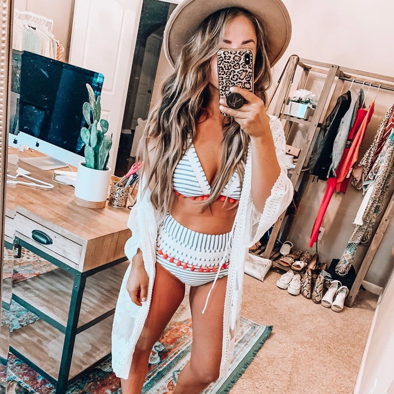 Cute Mesh & Pom-Pom High Waisted Triangle Bikini Swimsuit - worthtryit.com