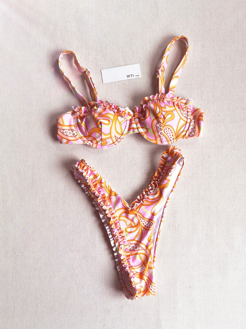 Floral Print Scrunch Hem Underwire Bikini Swimsuit