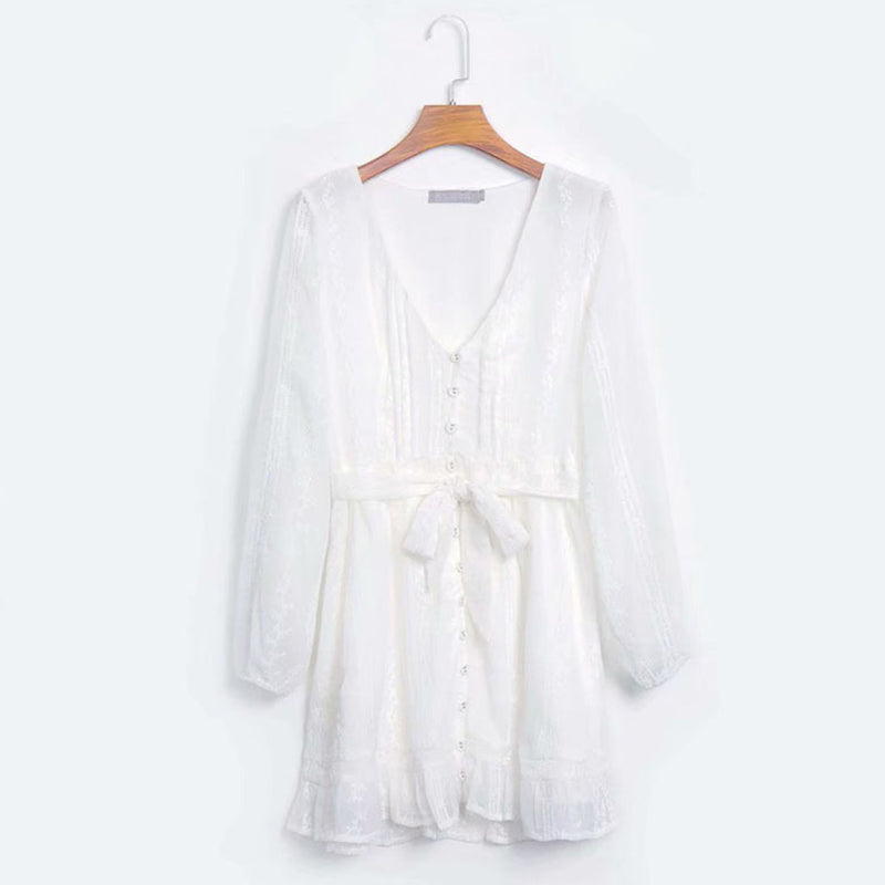Embroidery  Button Up V Neck Tie Waist Long Sleeve Dress