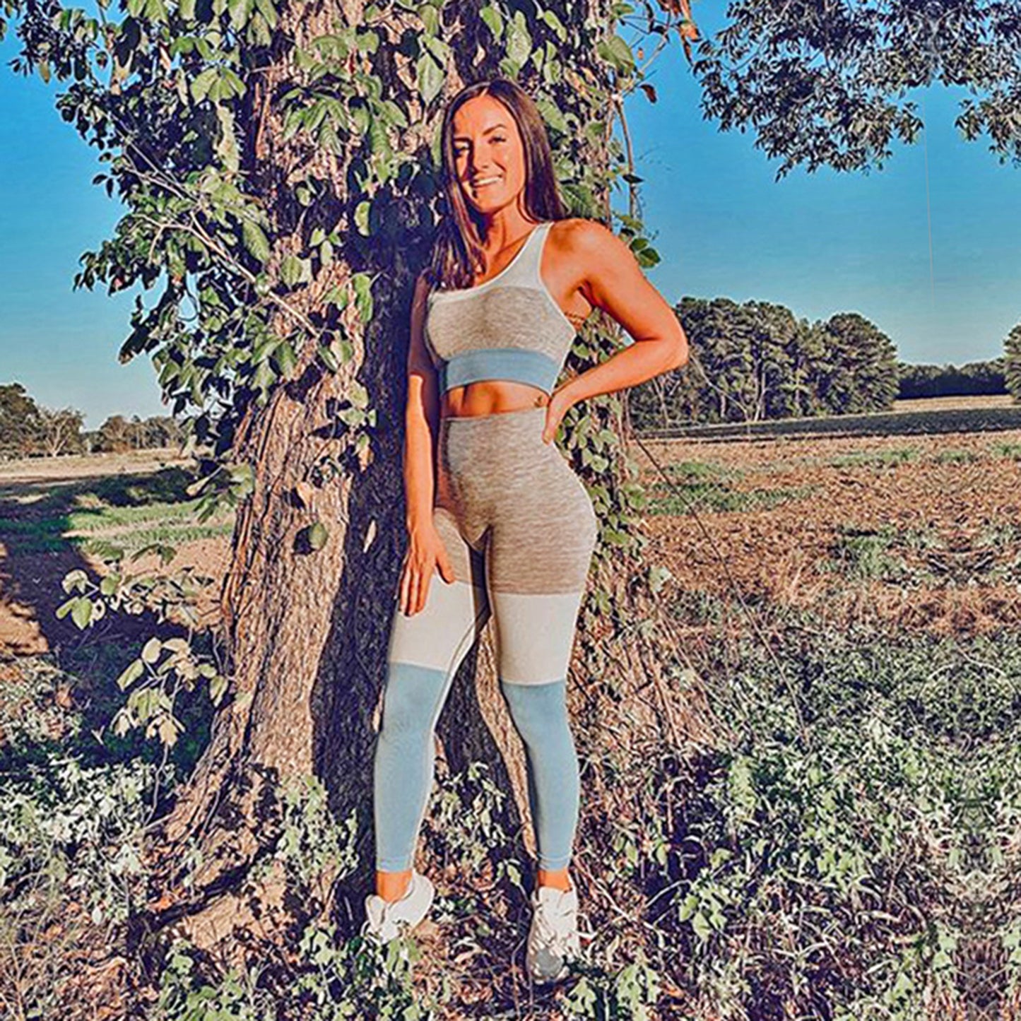 Color Block Crop Top 2 Piece Yoga Sports Fitness Suit