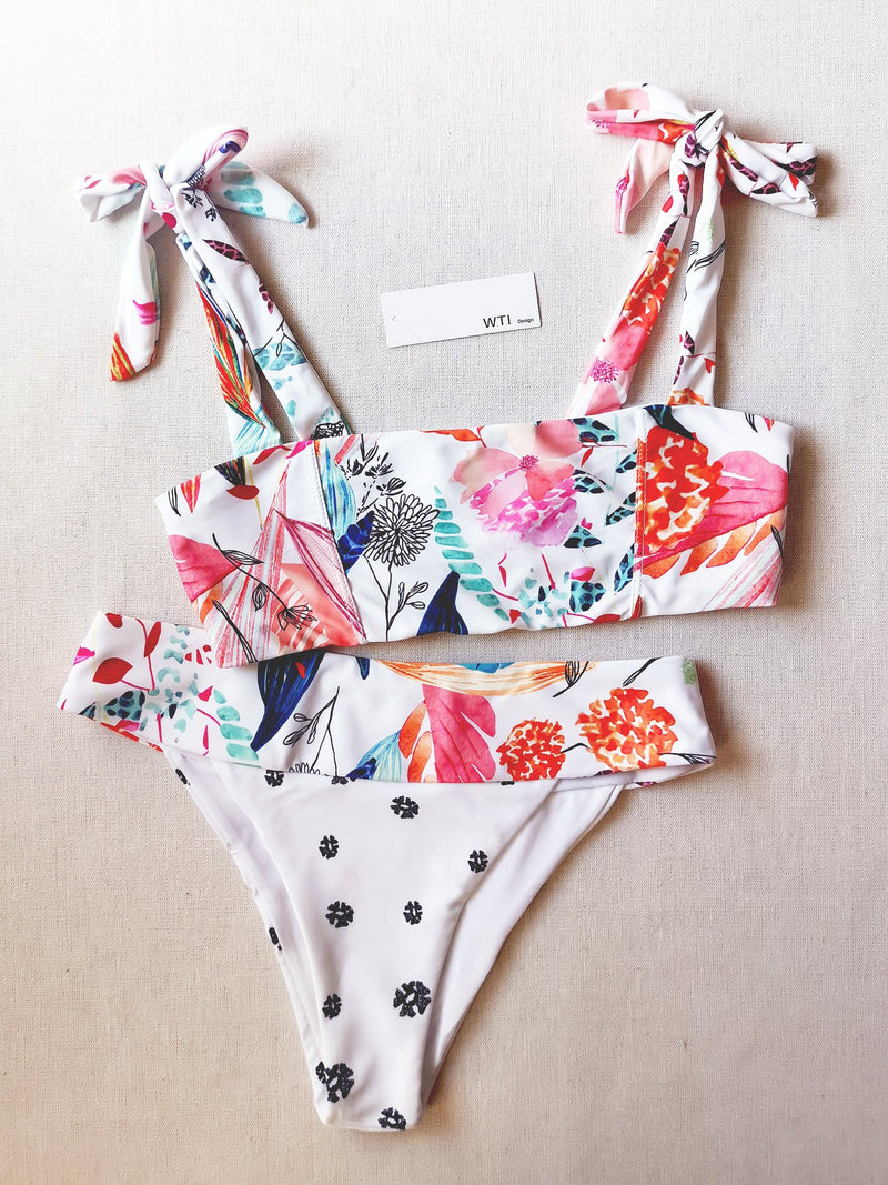 Cute Print Tie Shoulder Crop Top Bikini Swimsuit